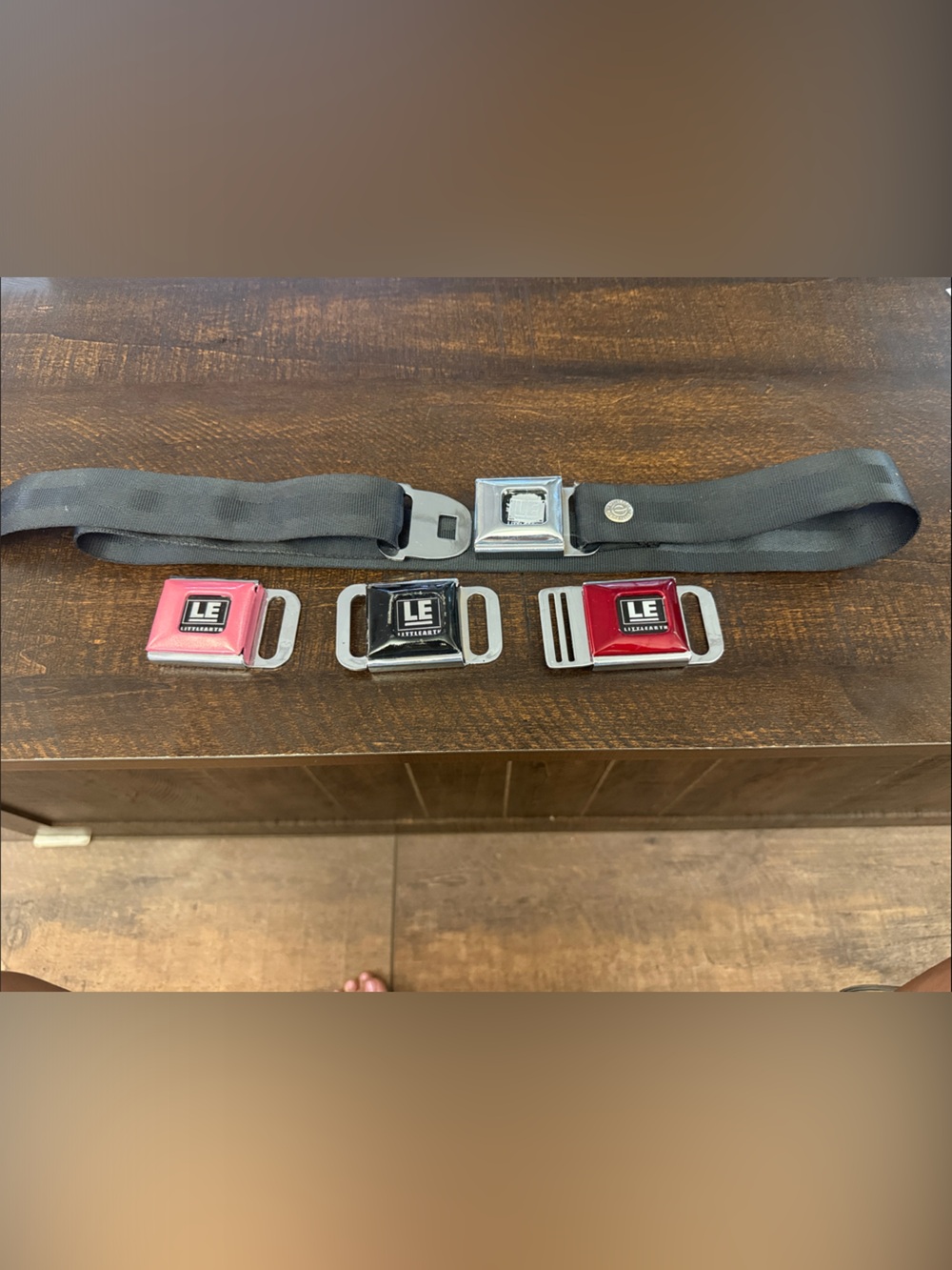 Vintage LE Enamel Seatbelt Buckle Charms with Black Elastic Strap